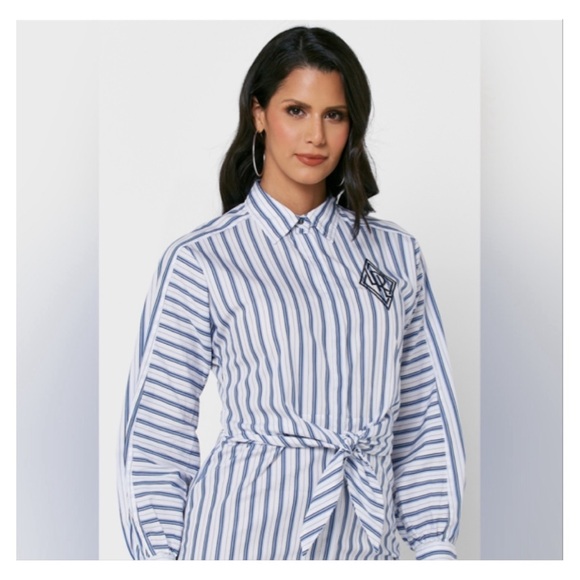 NWT! Lauren Ralph Lauren Monogram Blue White Stripe Long Sleeve Tie Dress Size 2 - Picture 3 of 16